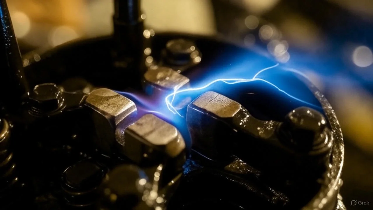 Macro shot of automotive ignition contact points sparking, representing connecting with Hydraulic Tools Shop