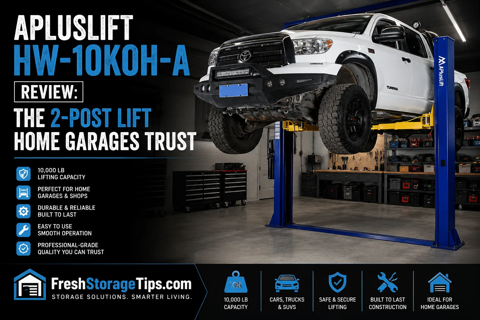 APlusLift HW-10KOH-A 10000 lb 2-post car lift installed in home garage with vehicle raised at working height