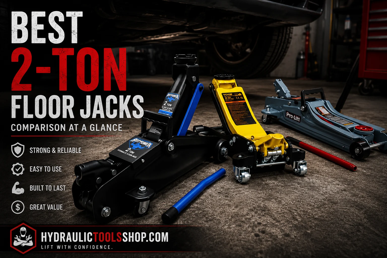 ANTPOWER 2-ton, VEVOR 3-ton and Pro-Lift F-767 budget floor jacks under $100 on garage floor