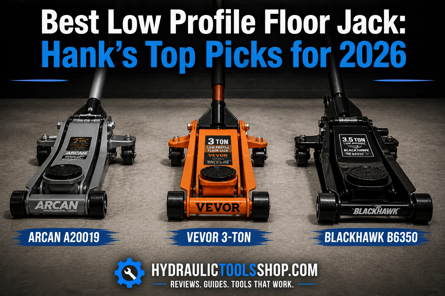 Three low profile floor jacks side by side on concrete garage floor — ARCAN A20019, VEVOR 3-ton, and Blackhawk B6350
