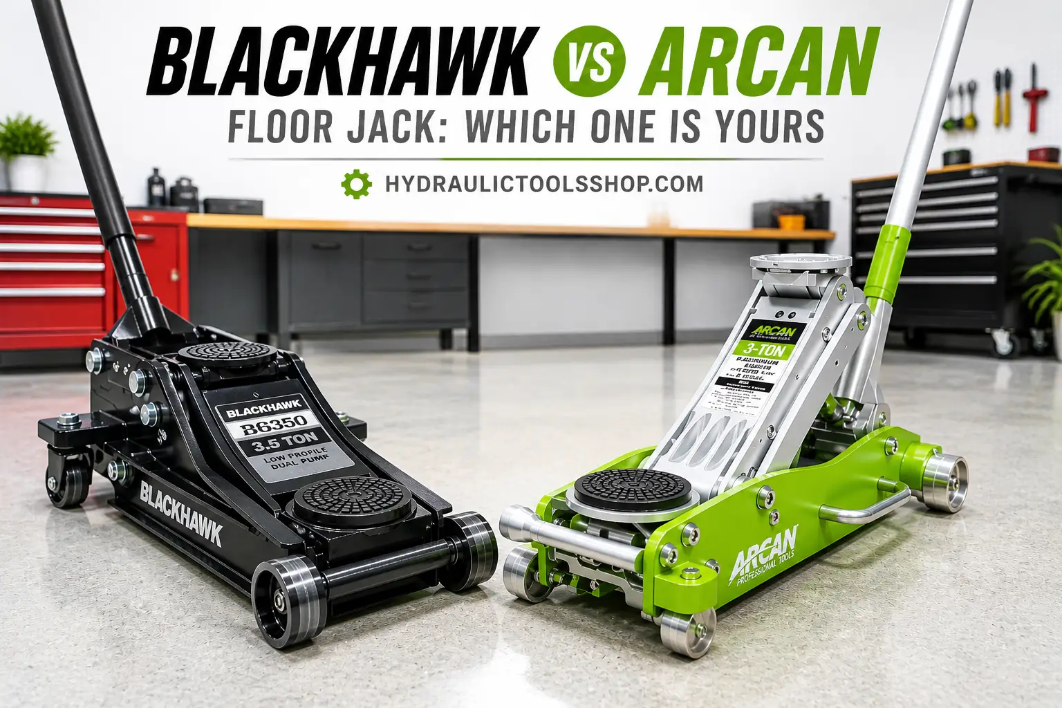 Blackhawk B6350 and ARCAN A20019 floor jacks side by side on concrete garage floor