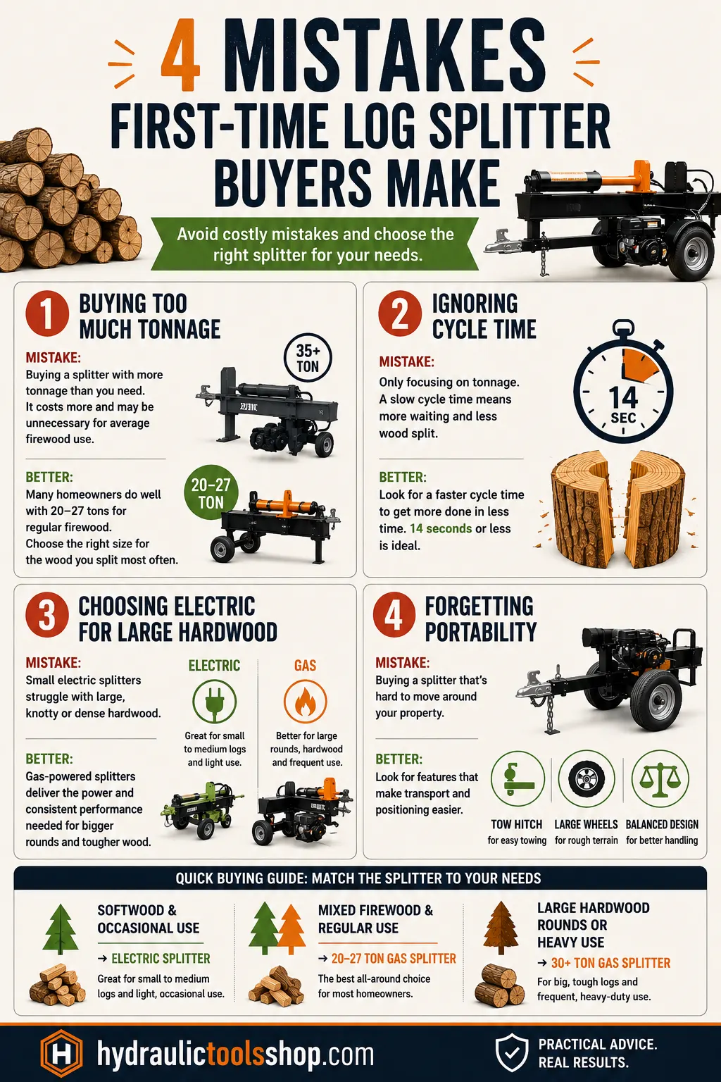 Log splitter comparison infographic showing electric vs gas vs manual tonnage, power source, best use and price range for home use