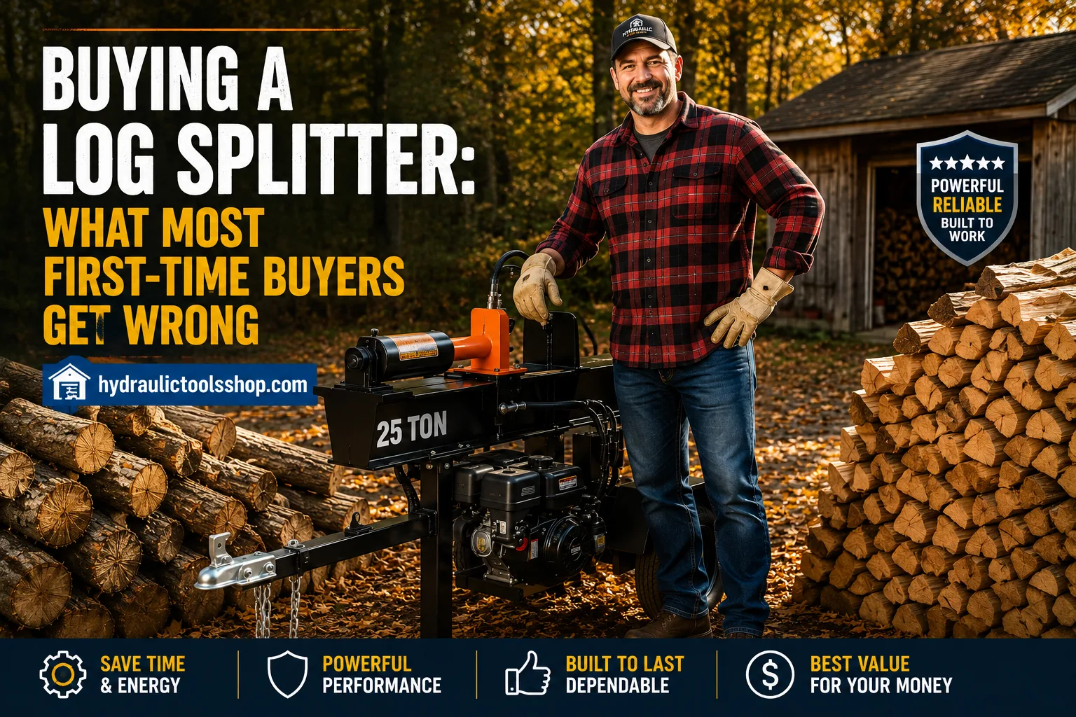 Gas log splitter splitting firewood in backyard with pile of logs and split firewood stacked nearby