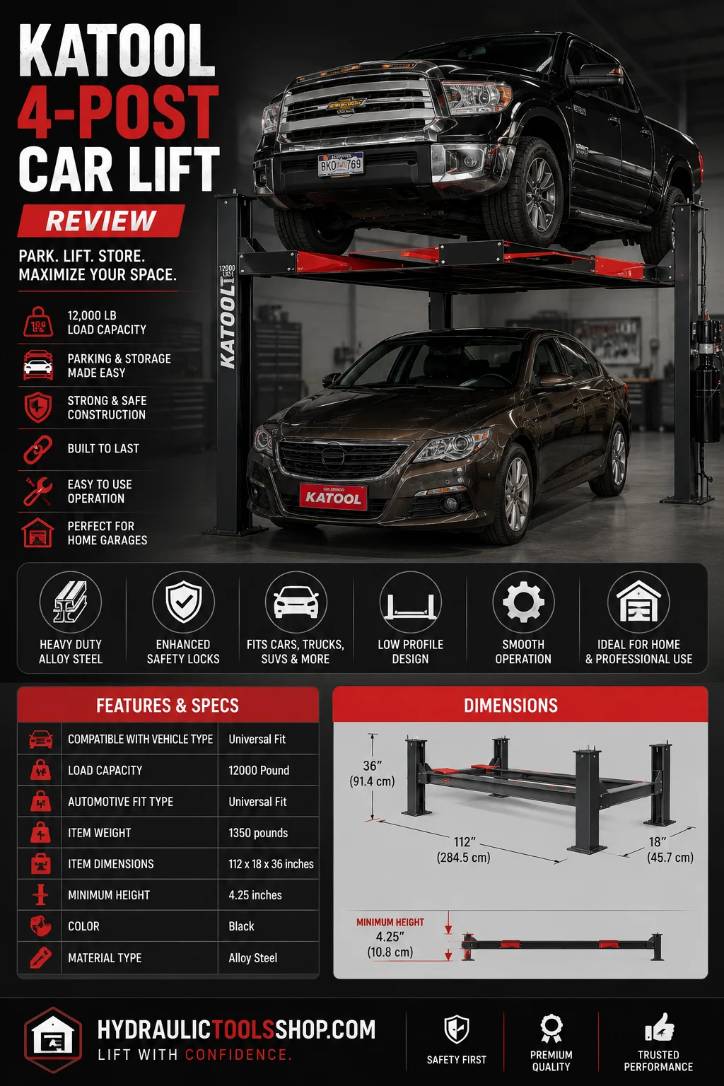 KATOOL 4-post car lift specs infographic showing 11000 lb capacity, 84.5 inch max height, 110V or 220V power, drive-on platform for home garage storage and service