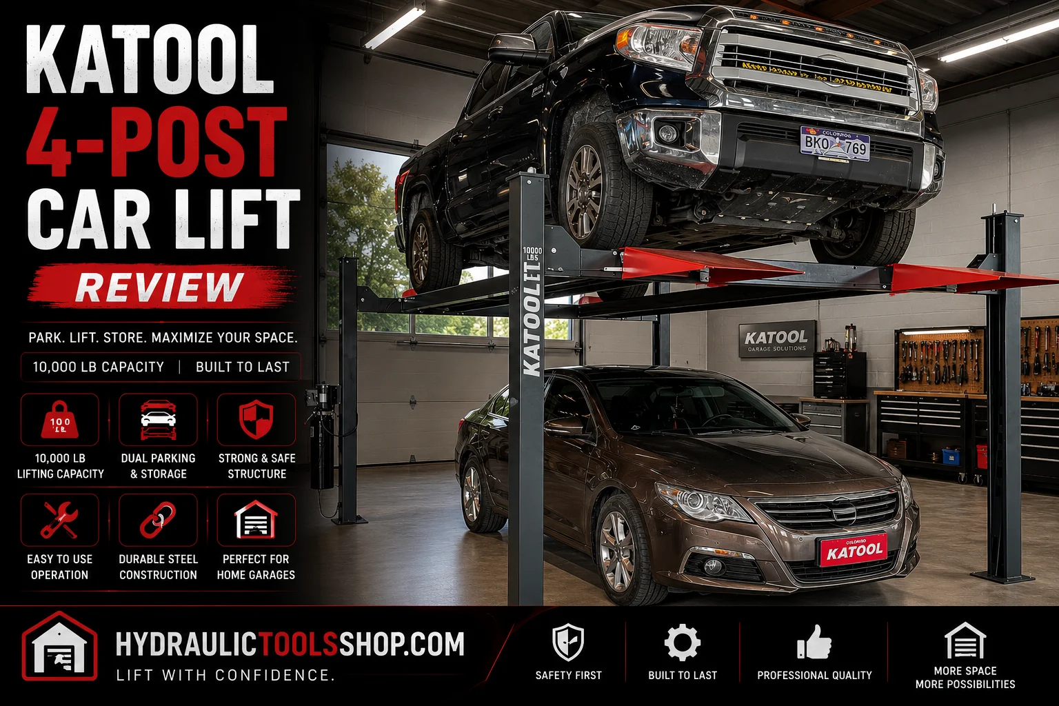 KATOOL 4-post car lift with vehicle raised on drive-on platform in home garage