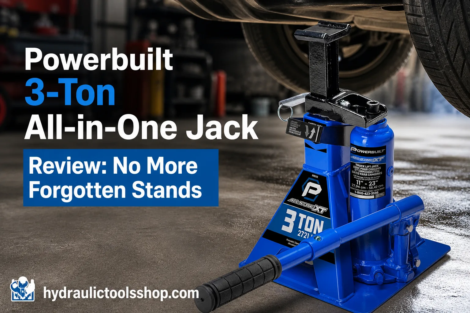 Powerbuilt 3-ton all-in-one hydraulic bottle jack and jackstand on concrete garage floor