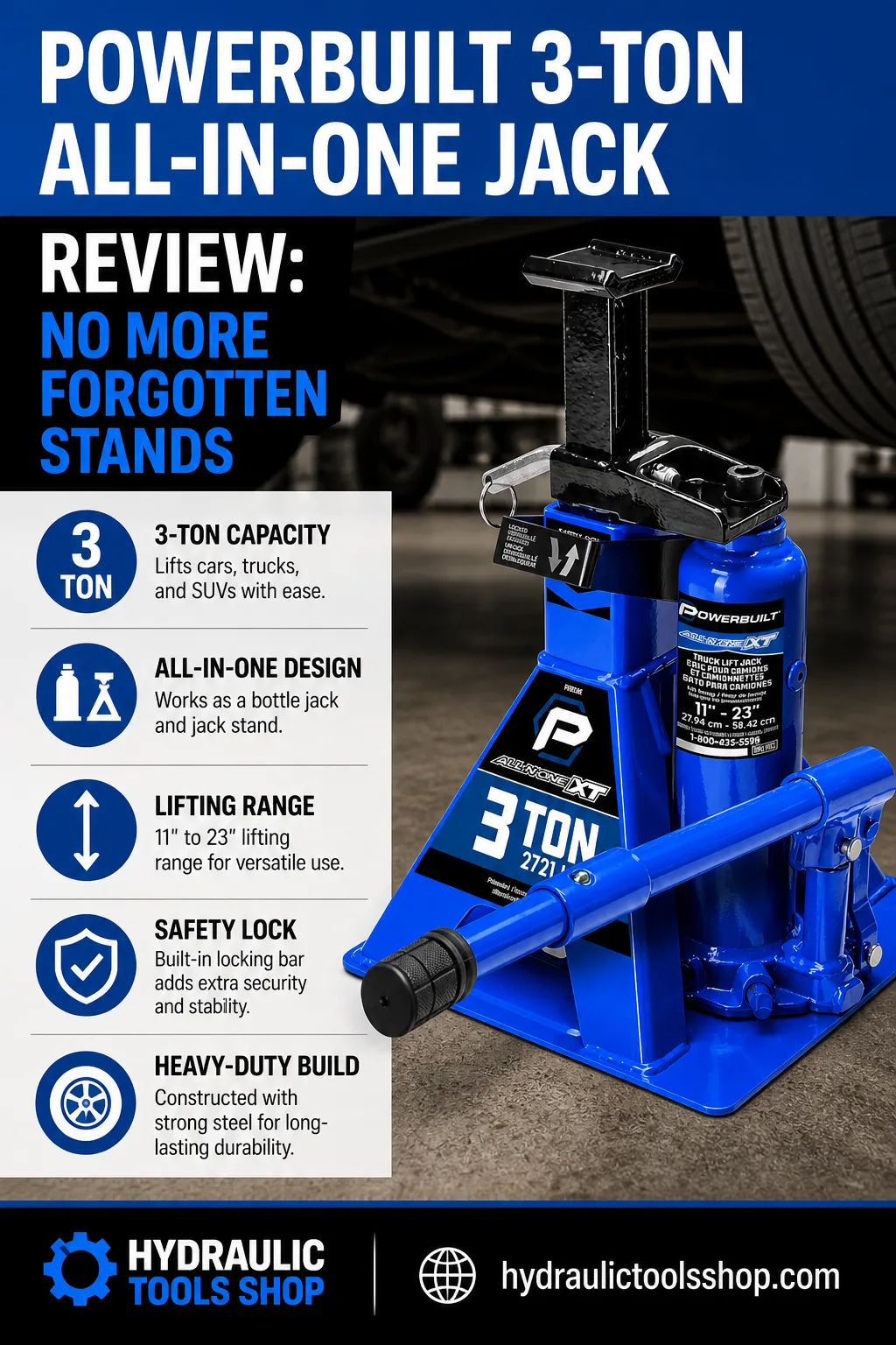 Powerbuilt all-in-one 3-ton floor jack and stands infographic showing 11 inch minimum height, 21 inch max lift, integrated stand design for trucks and SUVs