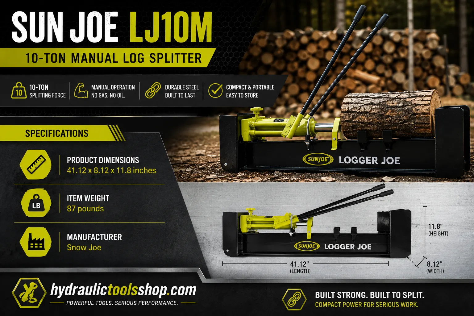 Sun Joe LJ10M manual log splitter specs infographic showing 10 ton force, manual hydraulic power, 18 inch log capacity and 87 lb weight