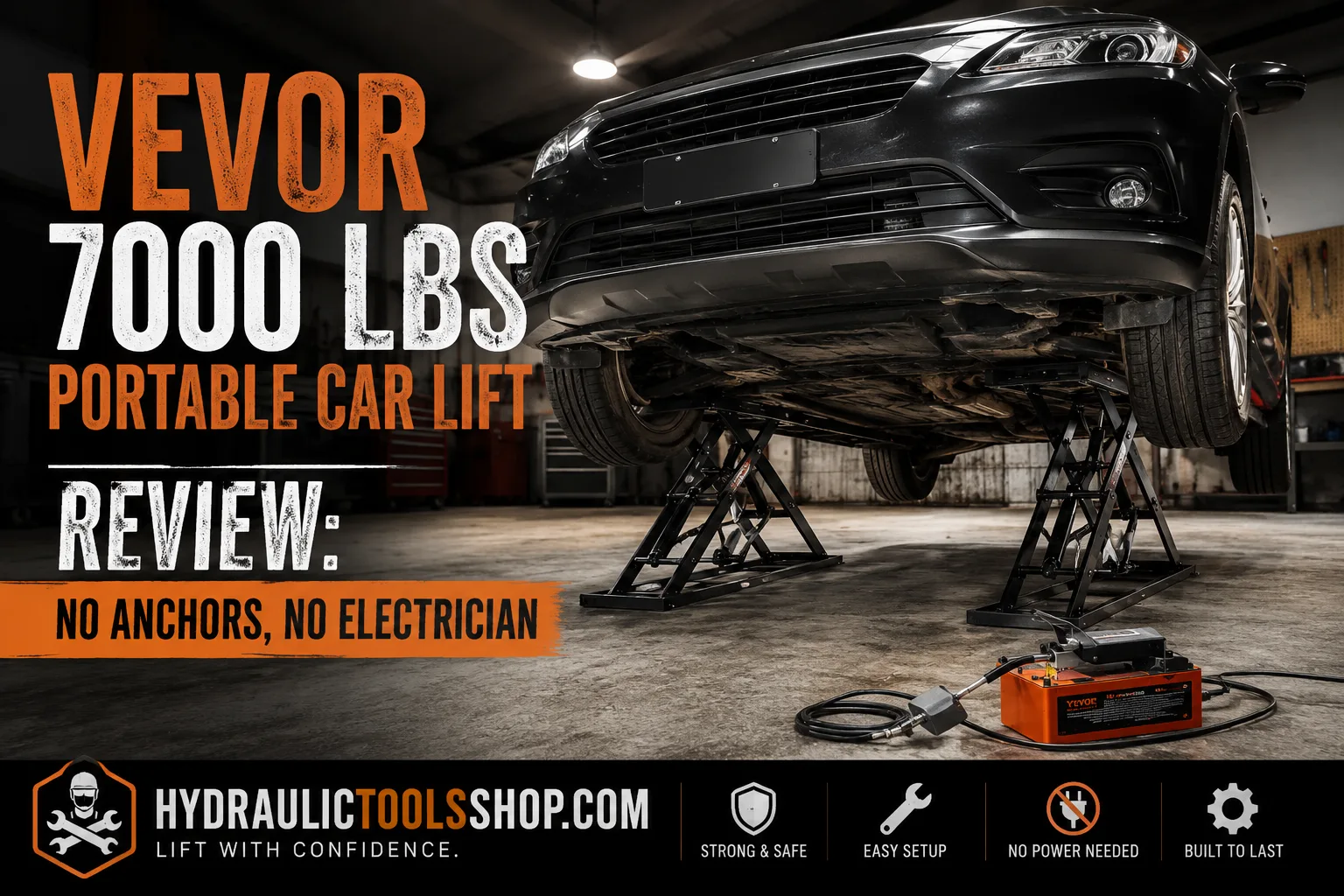 VEVOR 7000 lbs portable car lift raising a vehicle in a home garage on concrete floor