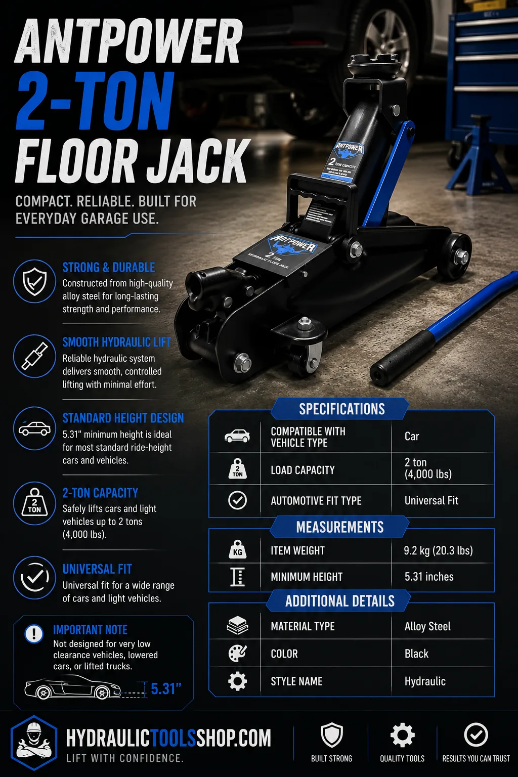 ANTPOWER 2-ton floor jack specs infographic with 5.31 inch minimum height, 13 inch max lift, ASME and GS certified, for compact cars and sedans