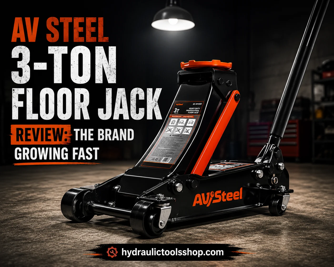 AV Steel 3-ton low profile hydraulic floor jack on concrete garage floor