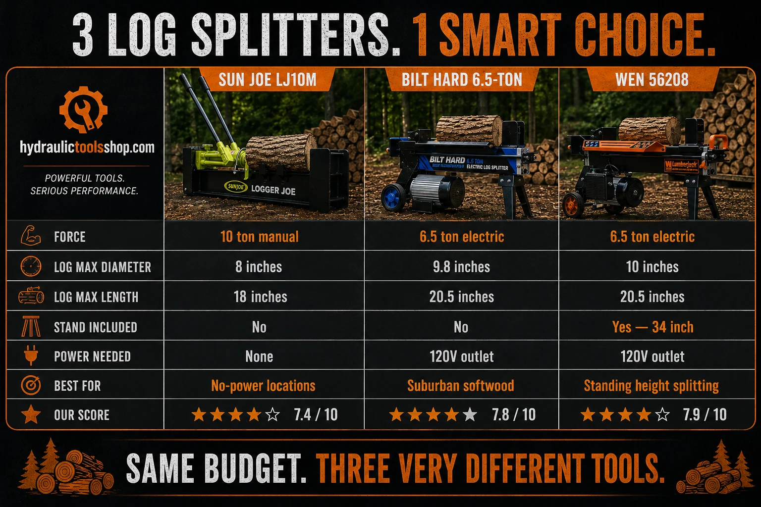 Best log splitters under $500 comparison infographic showing Sun Joe LJ10M, BILT HARD 6.5-ton and WEN 56208 force, log capacity, stand and best use