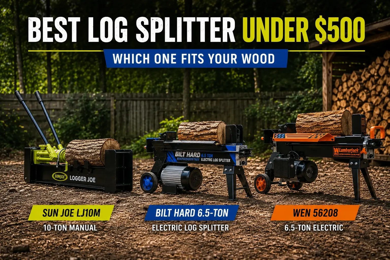 Three best log splitters under $500 side by side showing Sun Joe manual, BILT HARD electric and WEN electric options