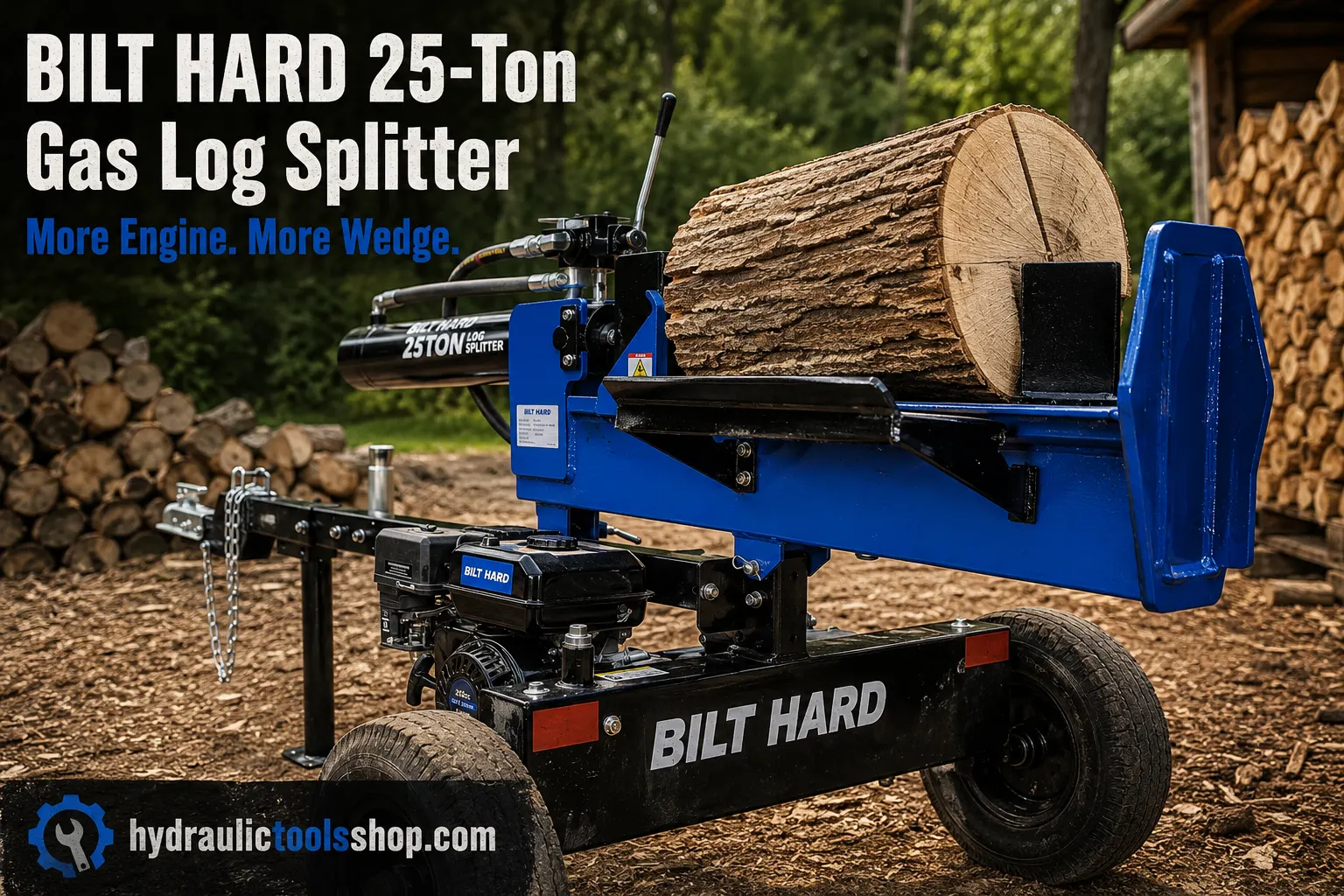 BILT HARD 25-ton gas log splitter with 8-inch hardened wedge splitting hardwood outdoors