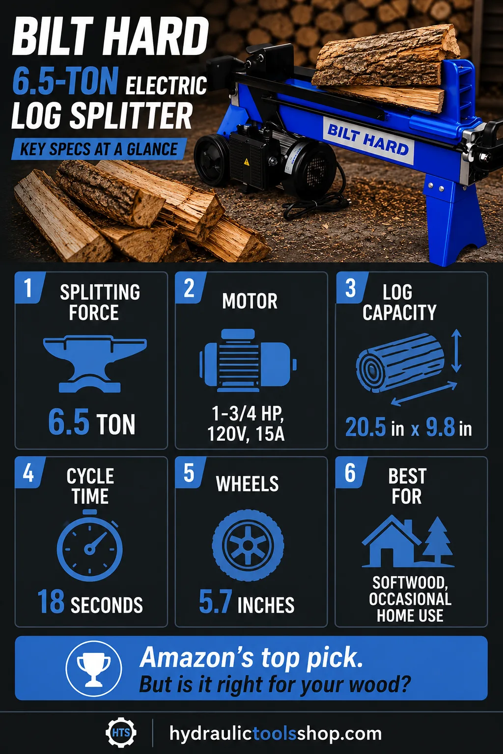 BILT HARD 6.5-ton electric log splitter specs infographic showing 6.5 ton splitting force, 120V motor, 20.5 inch log capacity and 18 second cycle time