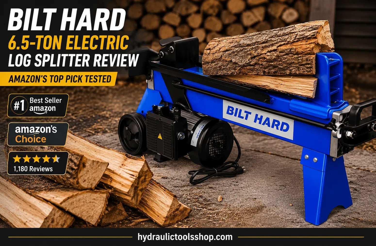 BILT HARD 6.5-ton electric log splitter splitting firewood outdoors