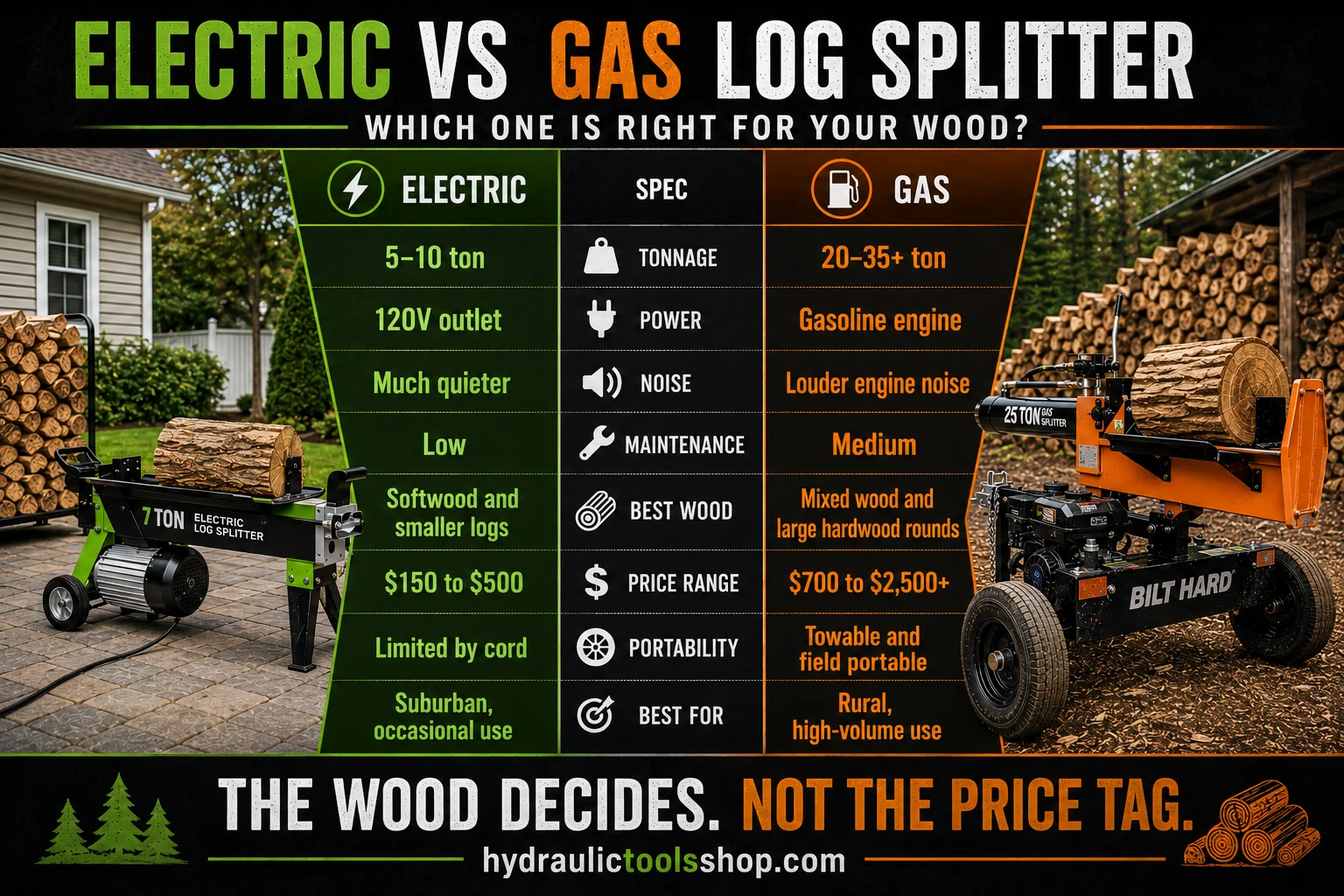 Electric vs gas log splitter comparison infographic showing tonnage, power source, noise level, maintenance and best use cases