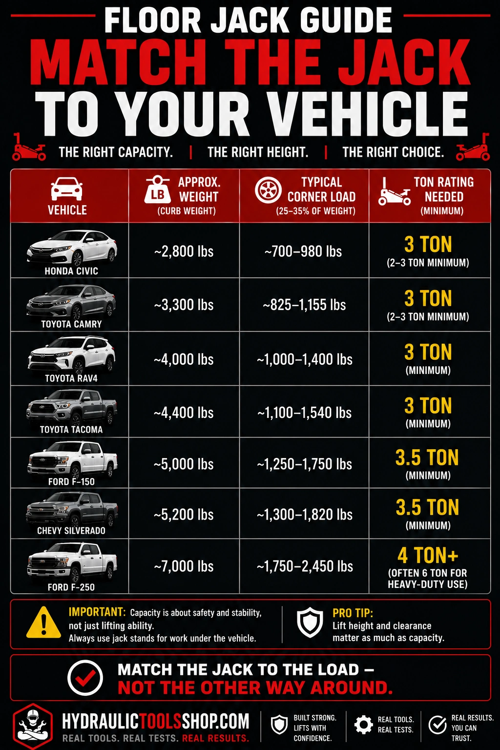 Floor jack ton rating infographic by vehicle showing required capacity for Honda Civic, RAV4, Tacoma, F-150, Silverado and F-250