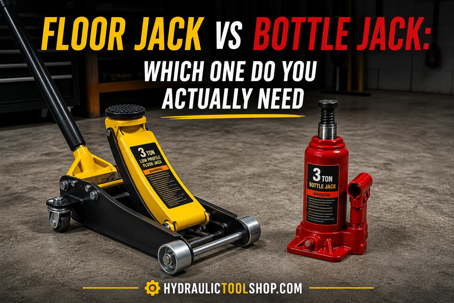 Floor jack and bottle jack side by side on concrete garage floor showing size and profile difference