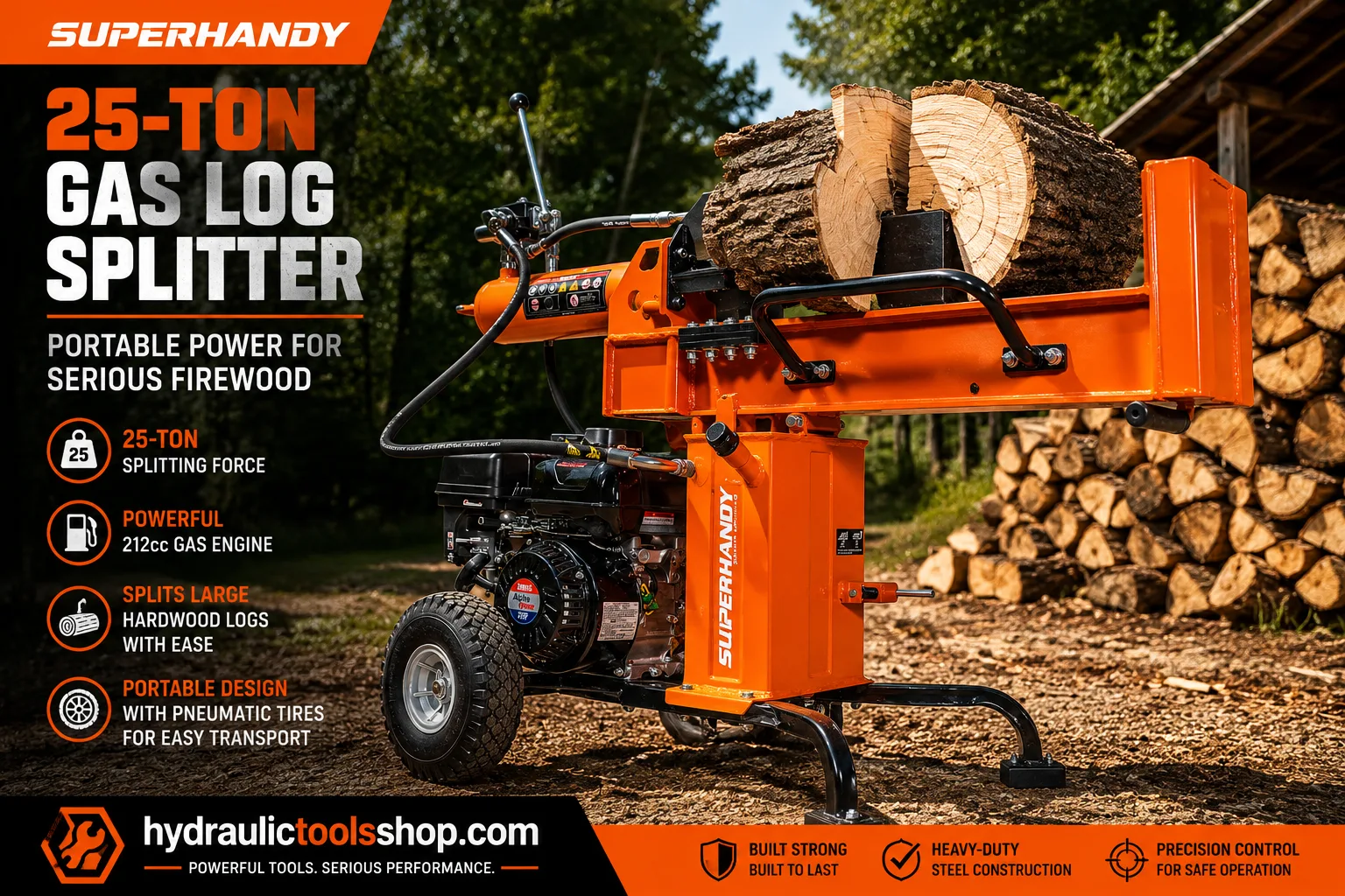 SuperHandy 25-ton gas log splitter splitting a large hardwood round outdoors