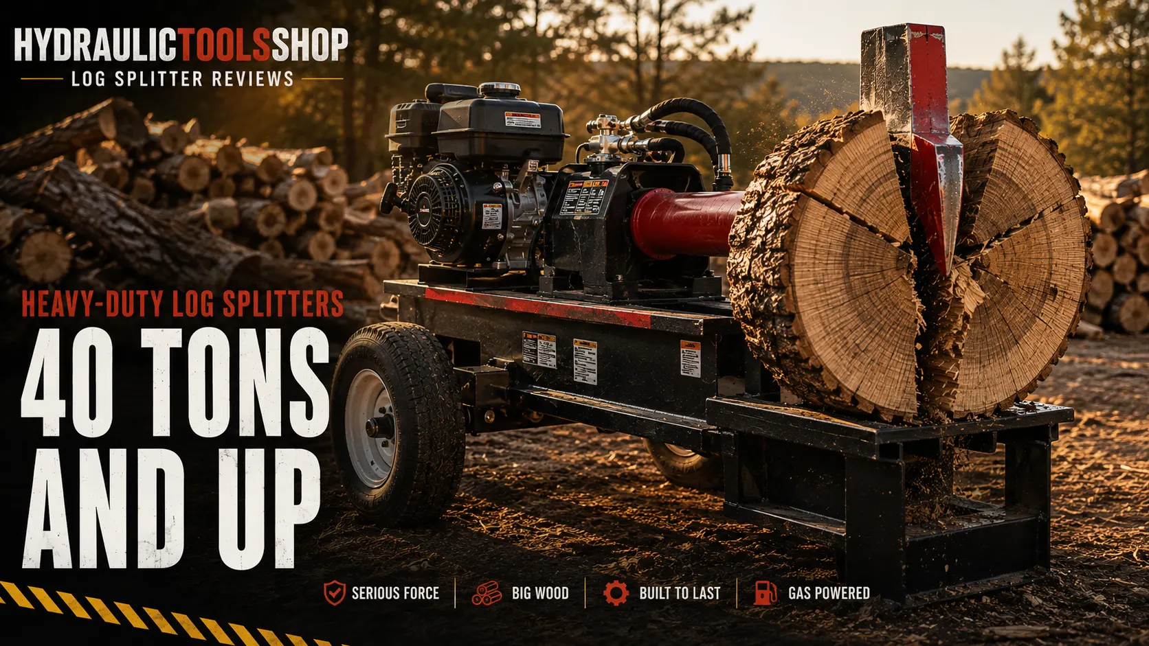 Heavy-duty 40-ton gas log splitter driving a wedge through an oversized oak round