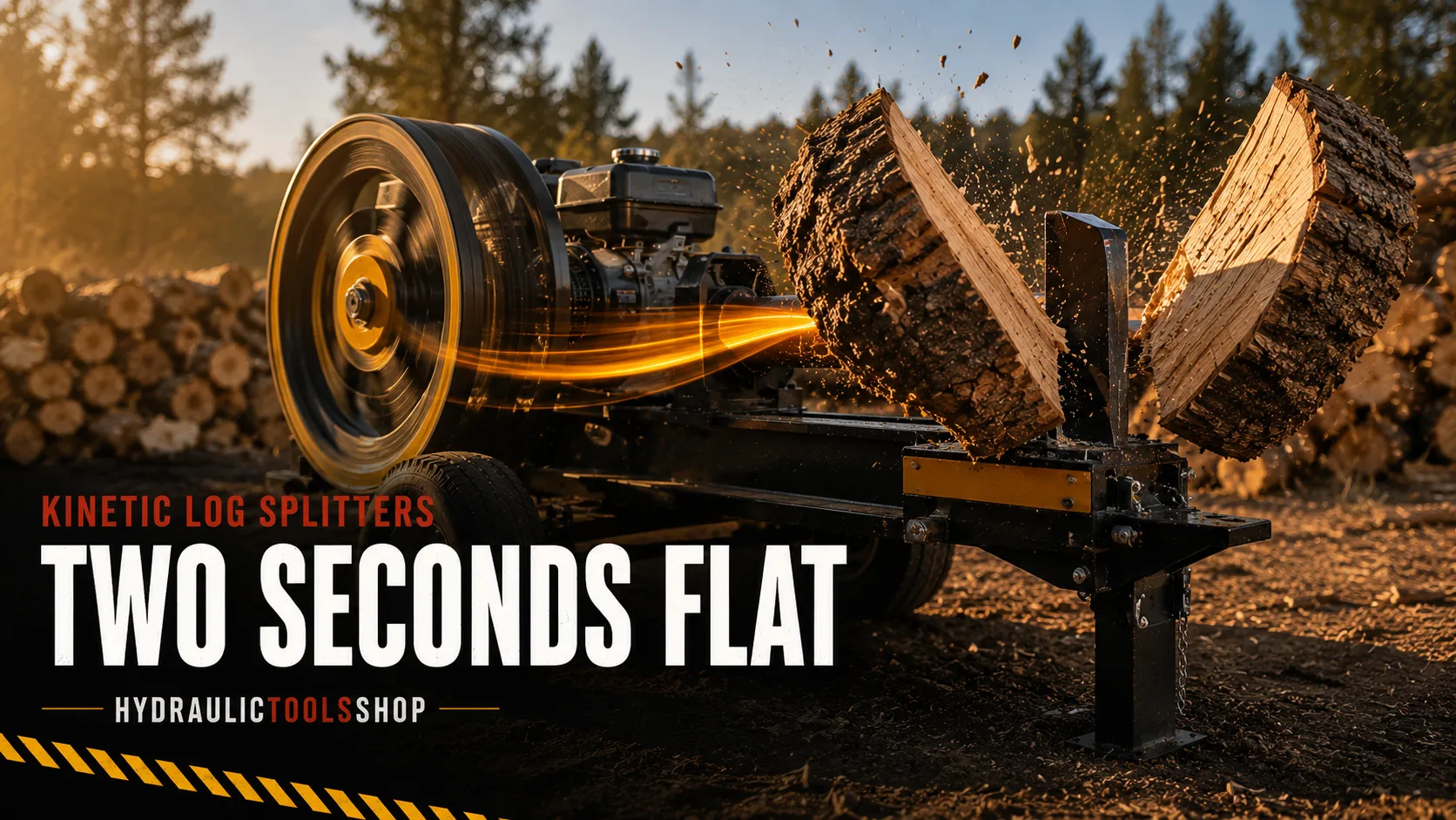 Kinetic log splitter firing through an oak round with the split halves flying apart