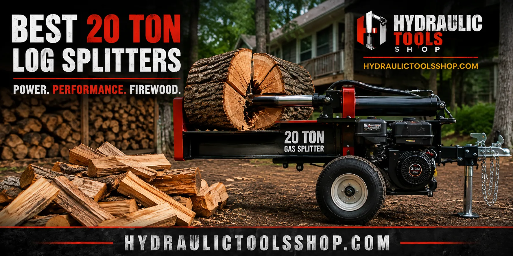 20 ton log splitter splitting a hardwood round in a residential firewood setup