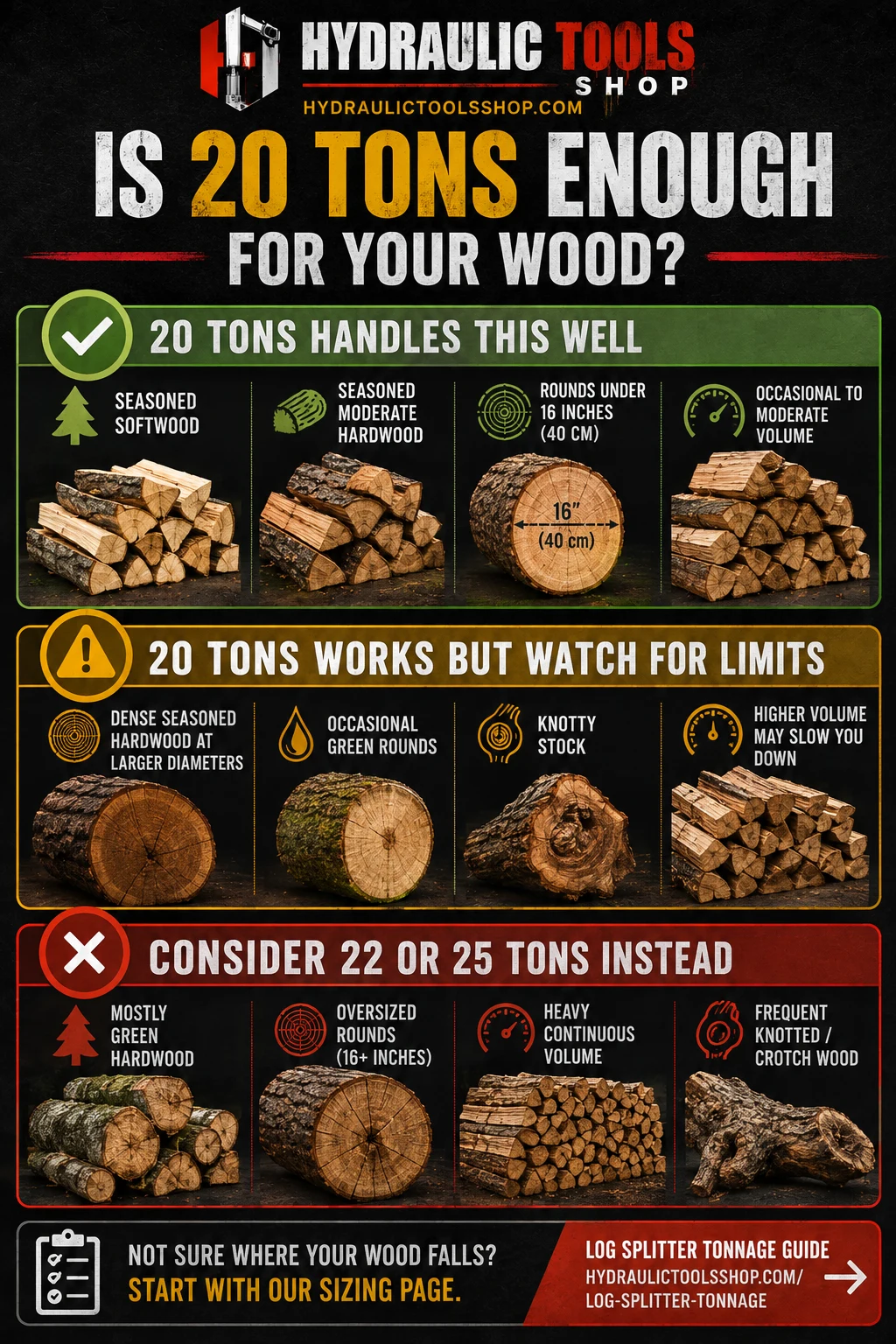 Decision flow showing what a 20 ton log splitter handles comfortably, where it reaches its limits, and when to size up