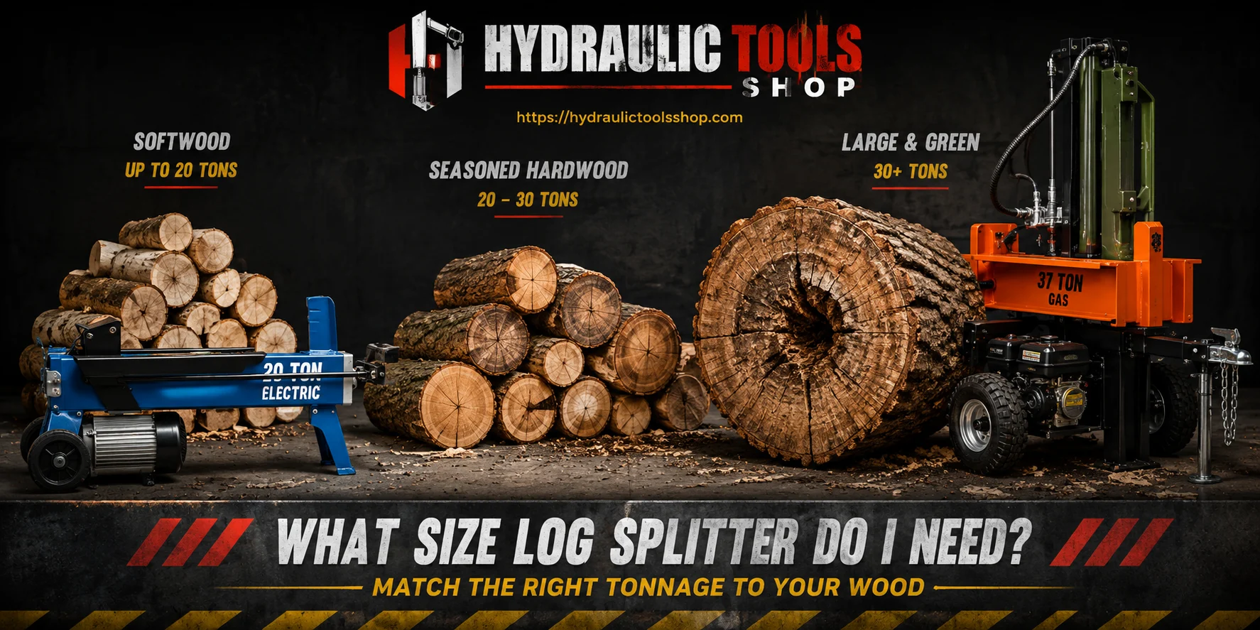 How to choose the right log splitter tonnage, with softwood, seasoned hardwood and large knotted rounds laid out by tier